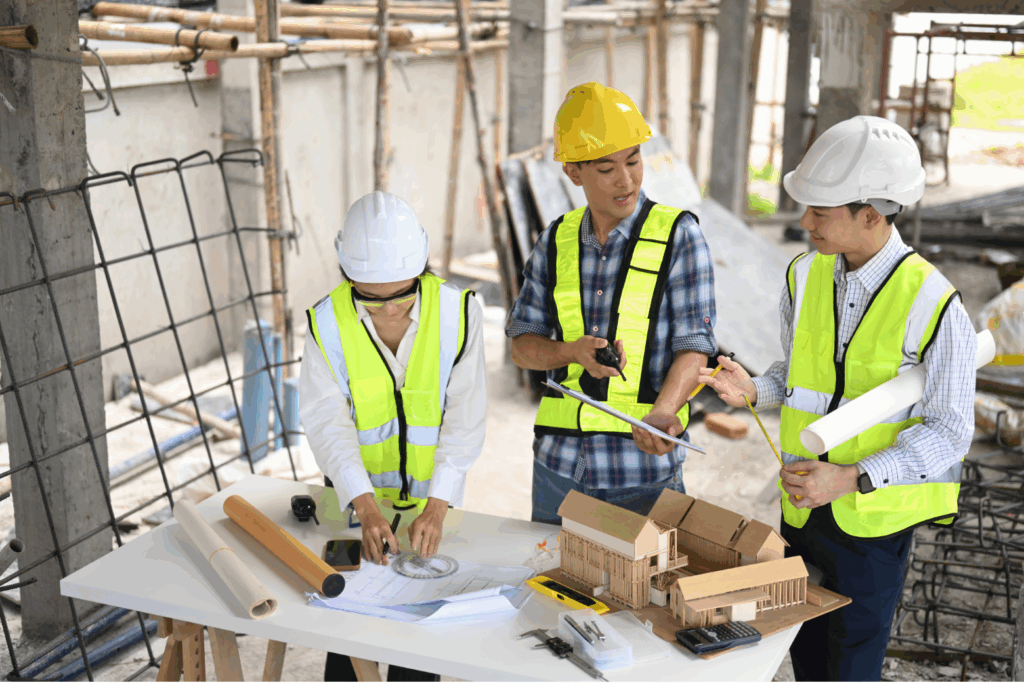 Three construction workers in safety vests and helmets reviewing blueprints at a worksite table.