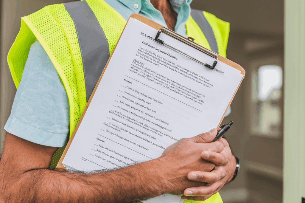 Inspector holding a clipboard with a home inspection checklist, wearing a yellow safety vest.