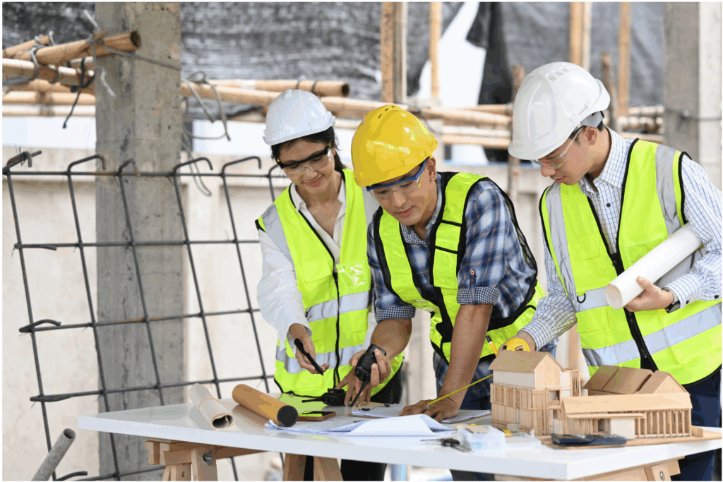 Team of three in safety vests and helmets pointing at blueprints with a small house model on the table.