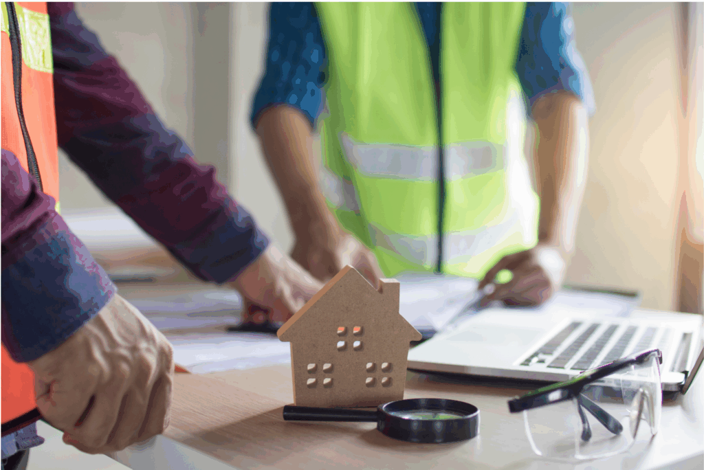 Two construction professionals reviewing house plans on a desk with a small wooden house model and a magnifying glass.