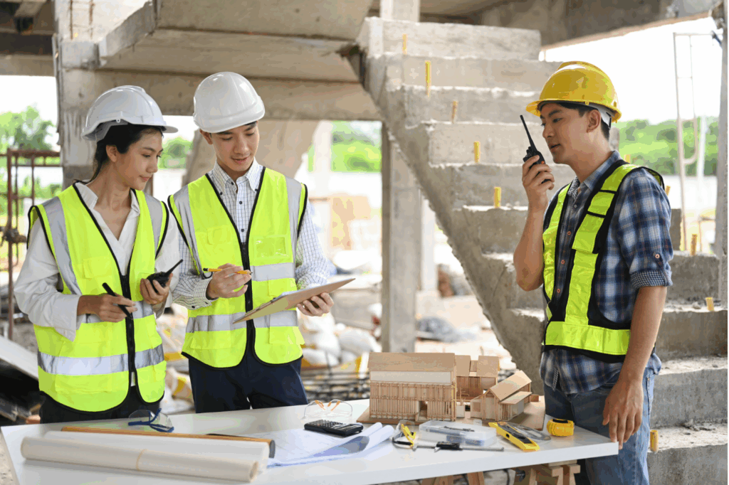 Construction site team in safety vests and helmets discussing project details, with one using a two-way radio.