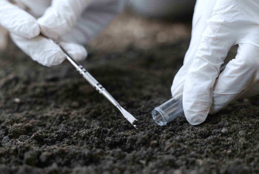 Soil sample being collected during home inspection soil testing in a reactive clay area