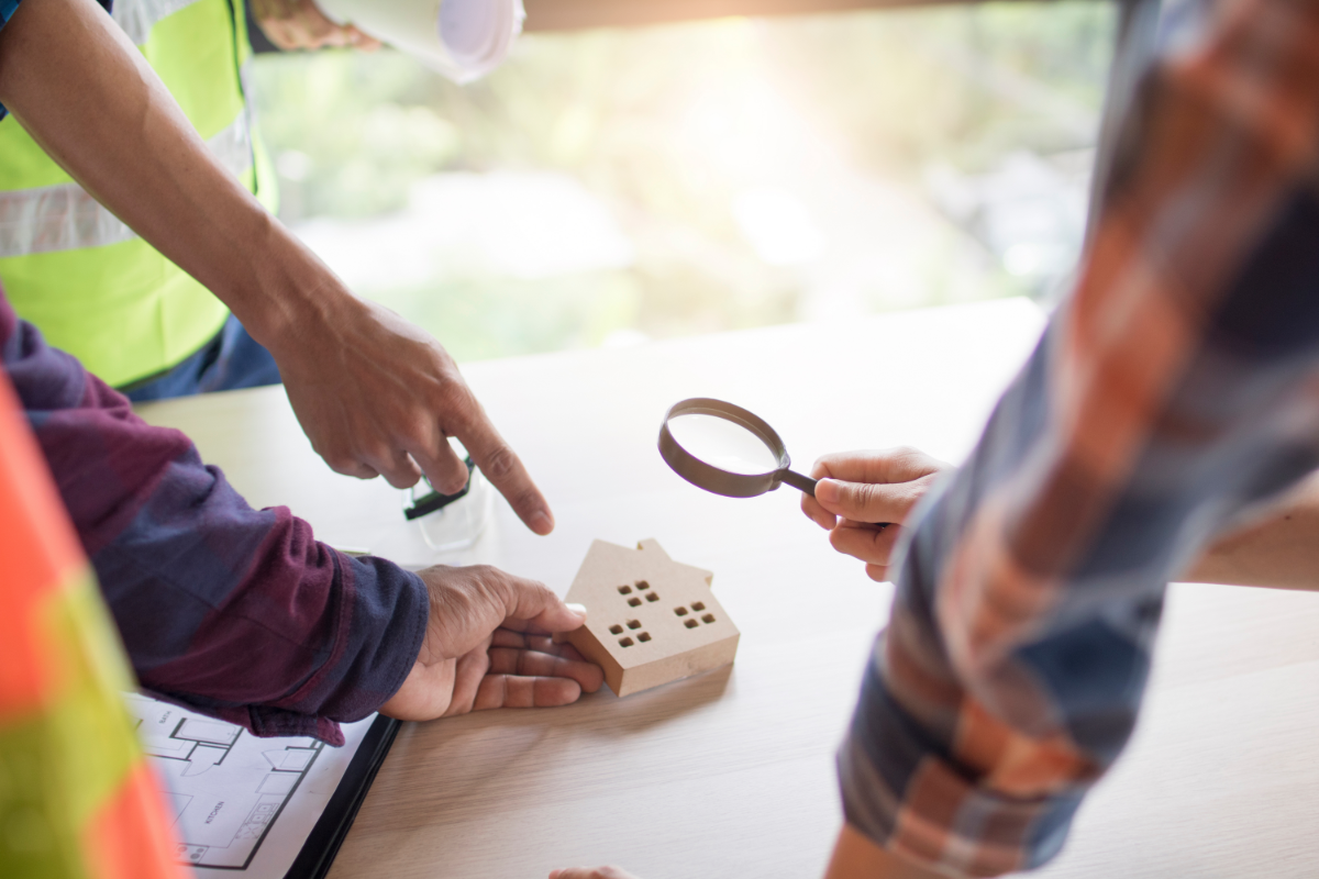 Inspectors reviewing property plans and model house, representing detailed home building inspections Brisbane homeowners rely on