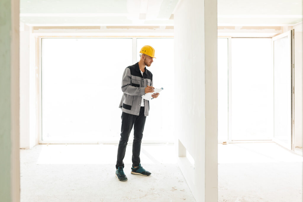 Inspector checking workmanship and finishes in a newly completed off-the-plan apartment.