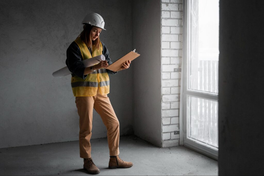 A woman in a hard hat and a high-visibility vest completing a building inspection in a new home
