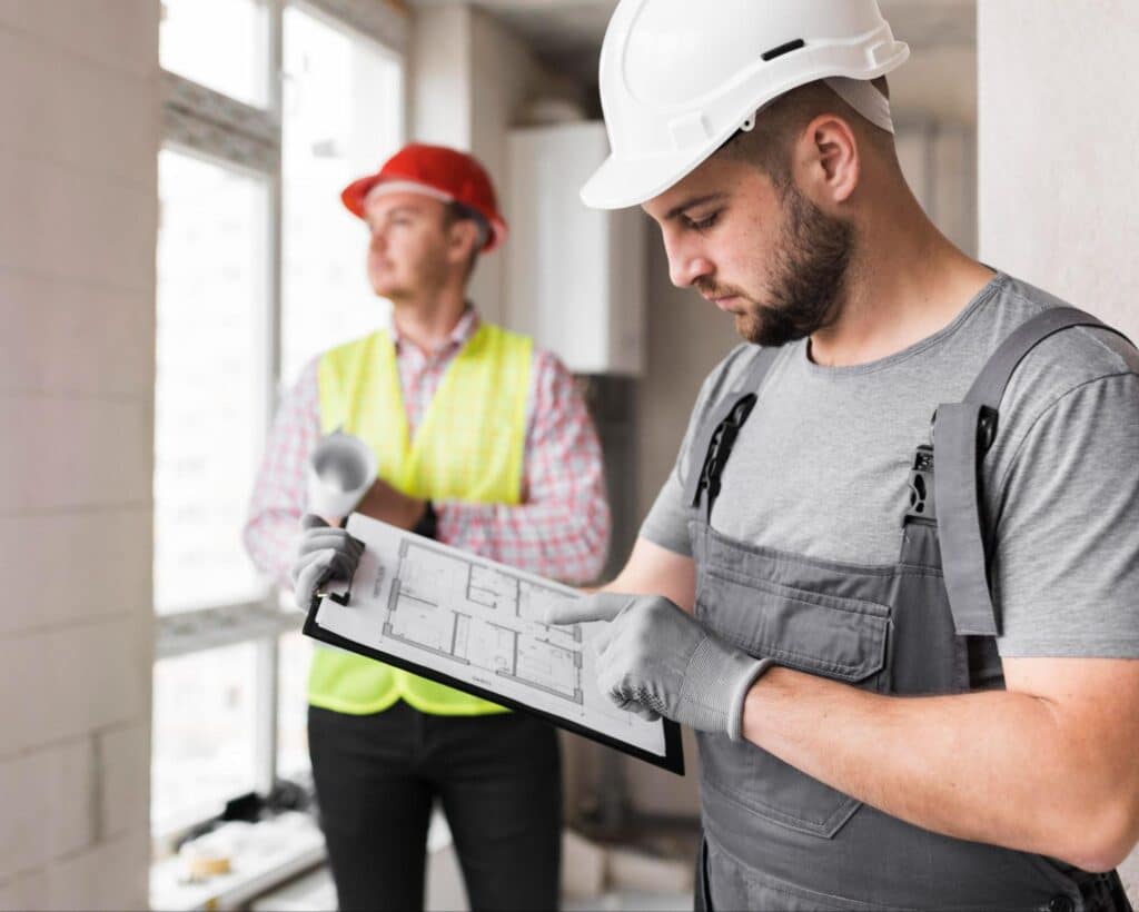 Two home inspectors completing an inspection of a residential home. One of them is pointing to building plans on a clipboard